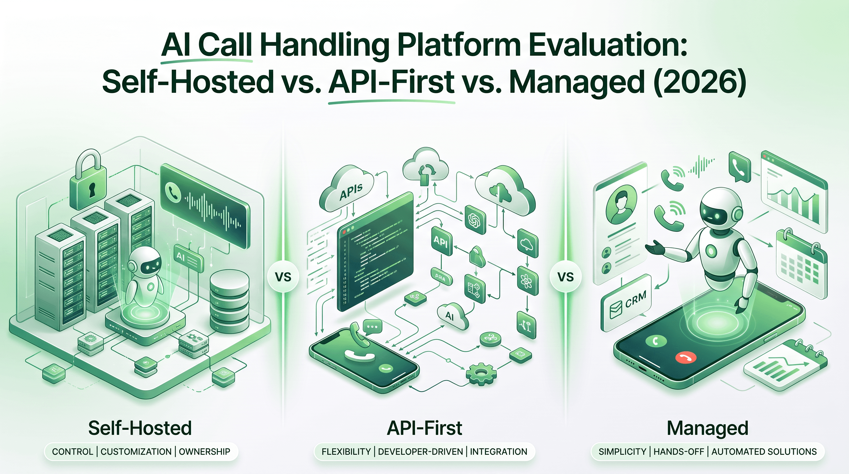 AI call handling platform comparison — self-hosted vs API-first vs managed deployment models infographic