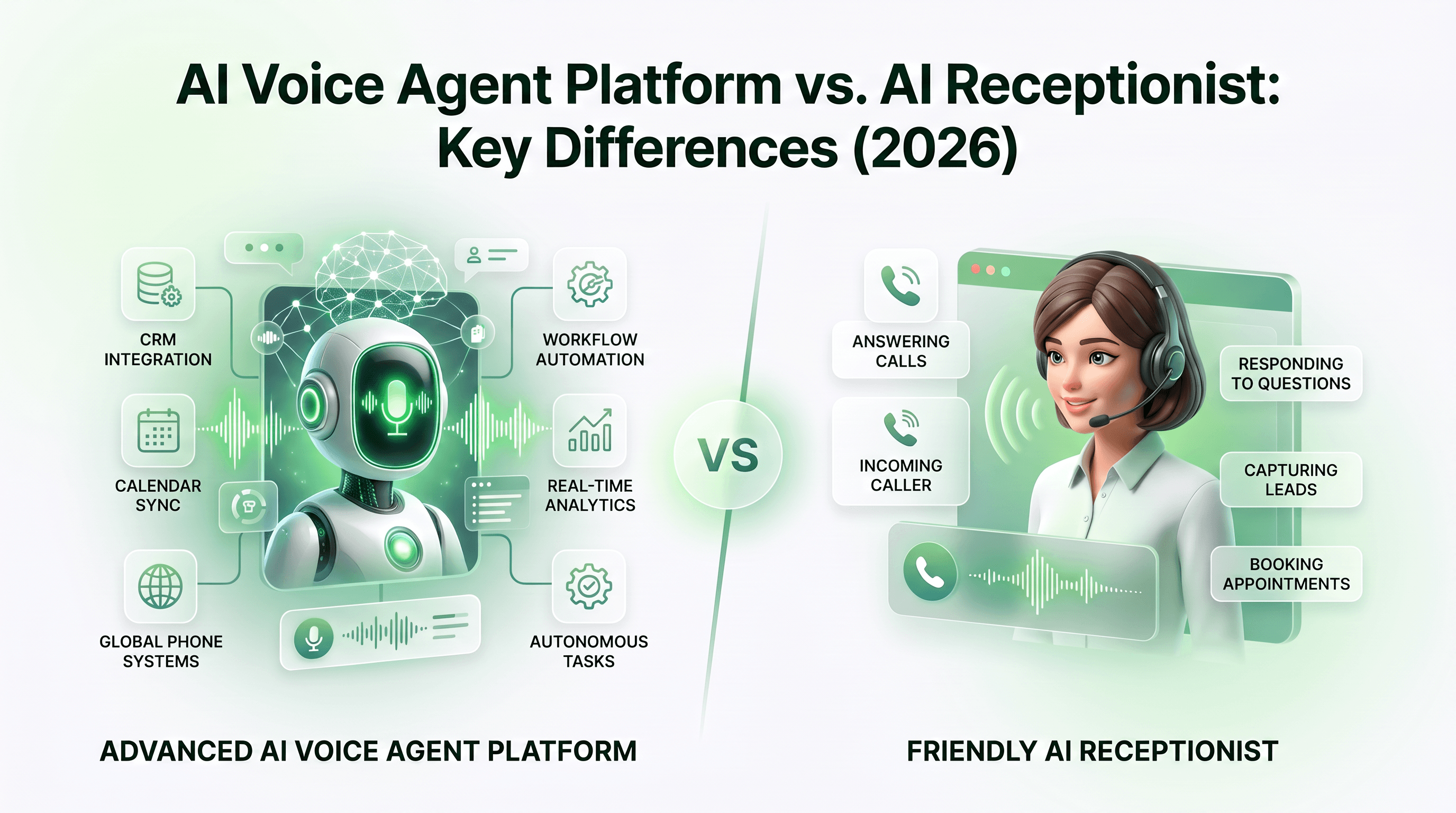 AI Voice Agent Platform vs AI Receptionist — key differences infographic showing a robot platform on the left and a friendly AI receptionist on the right