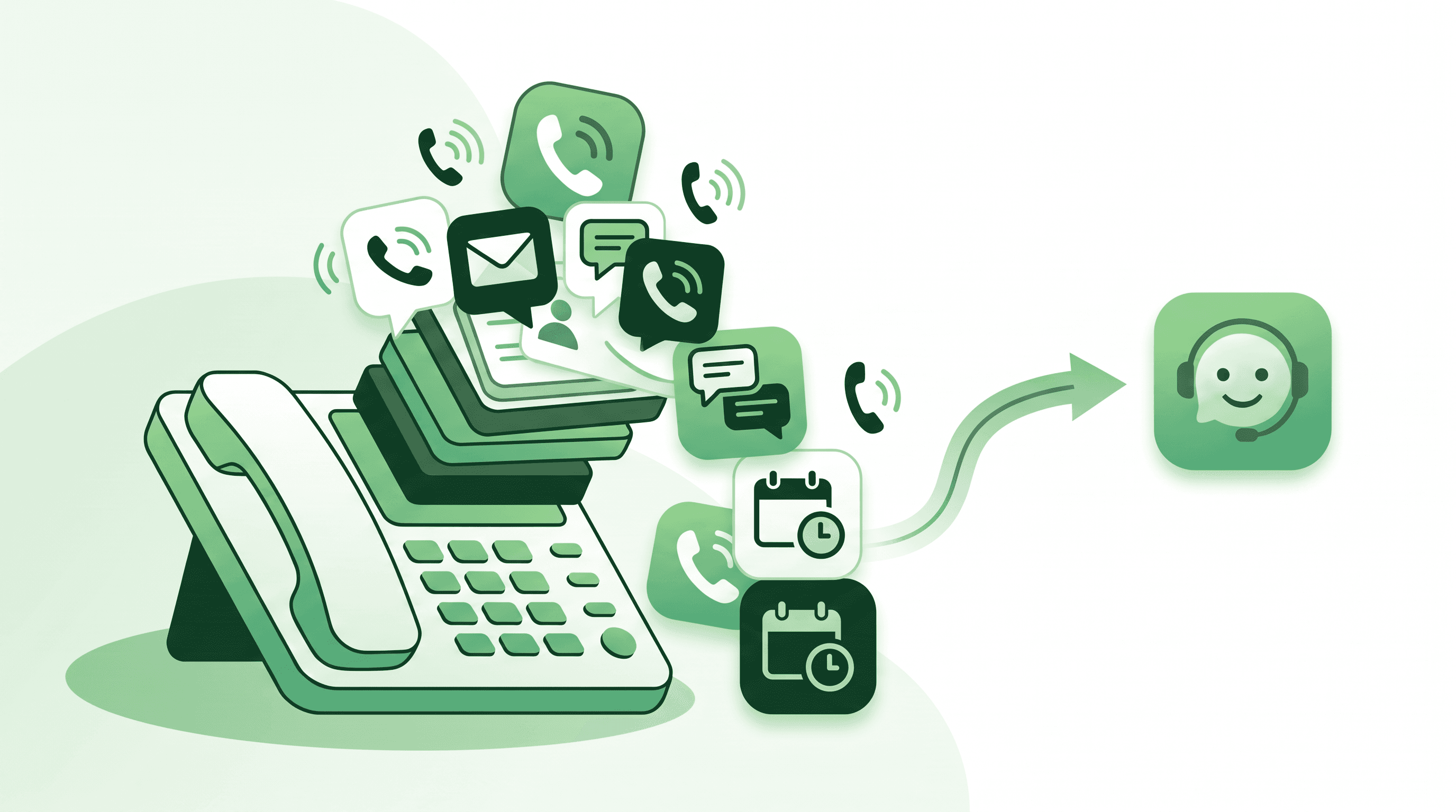 Enterprise AI receptionist buyer checklist illustration showing a phone system with call handling, messaging, and scheduling icons