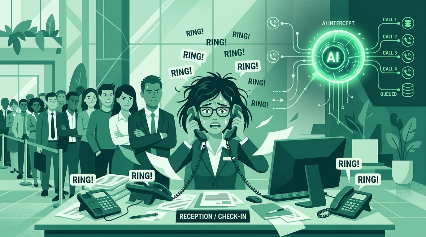 A stressed front desk receptionist surrounded by ringing phones, contrasted with a sleek AI node intercepting calls