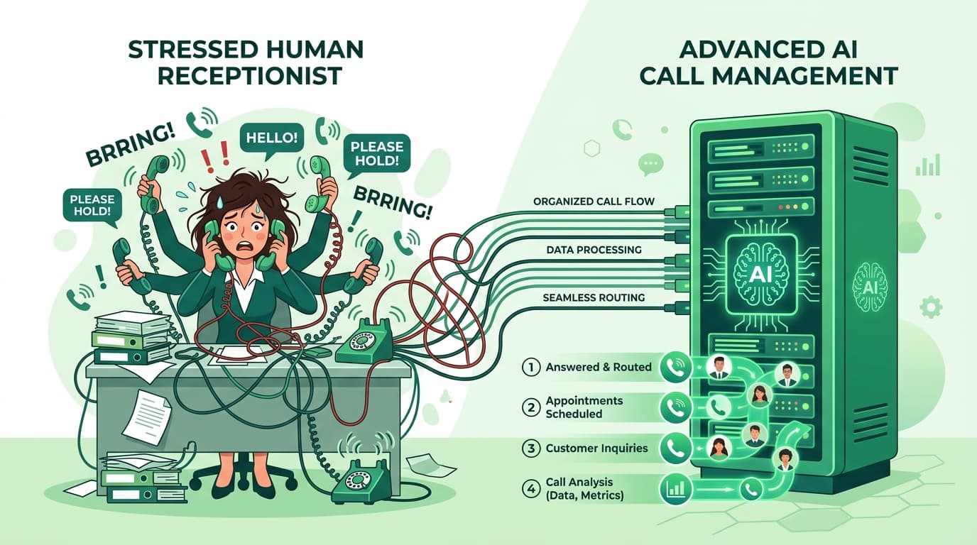 Abstract representation of an overwhelmed front desk juggling calls, contrasted with an AI node effortlessly managing unlimited simultaneous lines