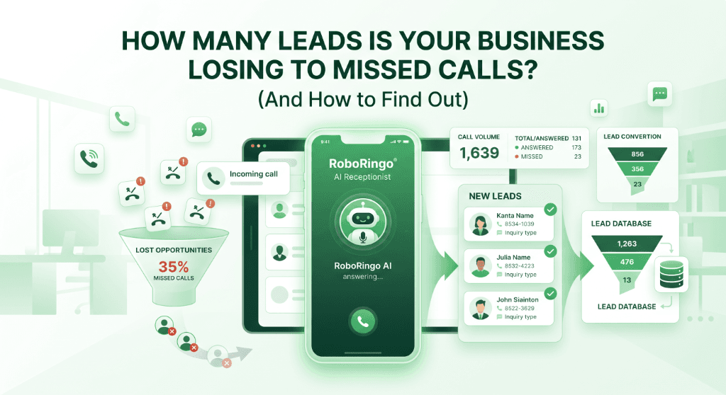 A smartphone showing a missed call notification surrounded by trending down graphs and lost lead generation icons