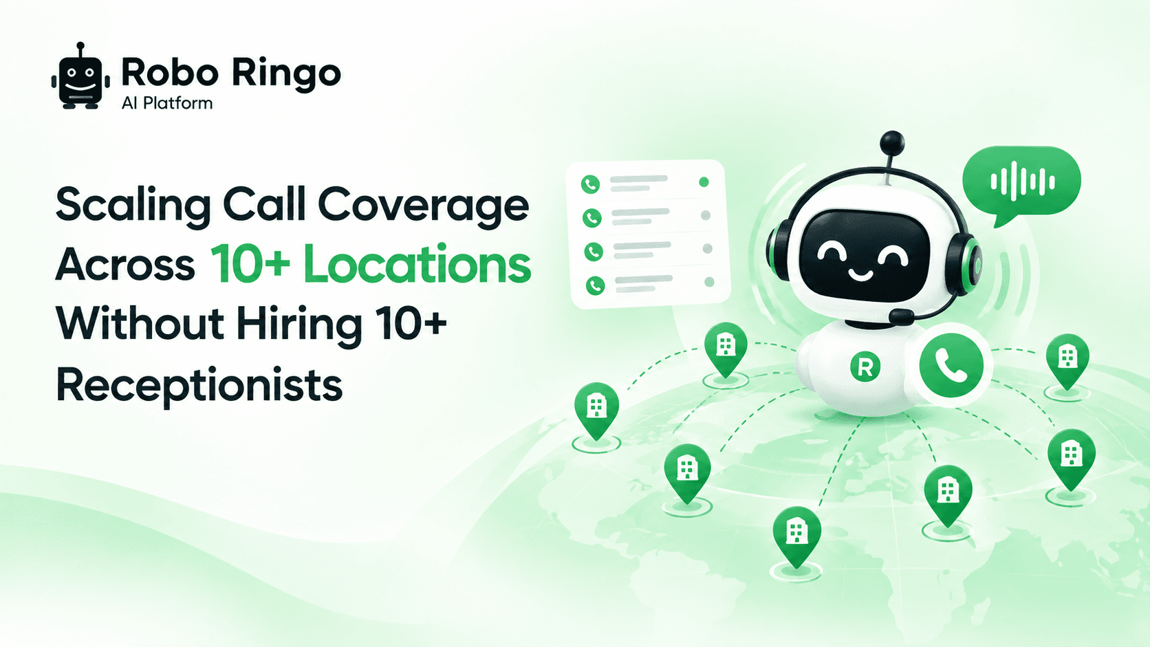 Scaling call coverage across multiple locations illustration showing a centralized AI hub connecting different business sites