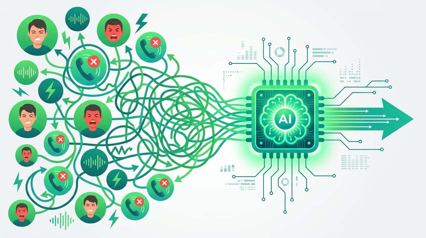 A visual contrast between a chaotic cluster of missed calls and an organized AI switchboard cleanly routing volume