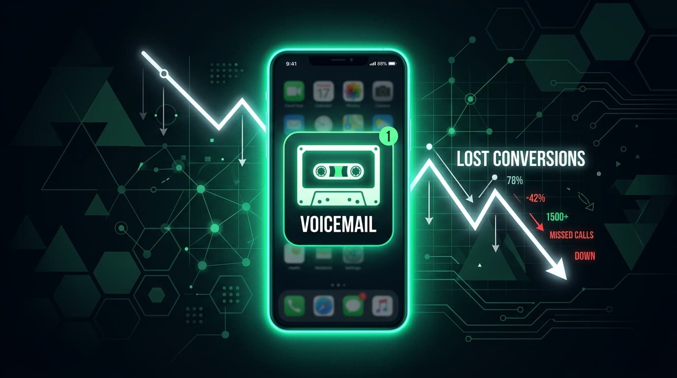 A glowing red voicemail icon on a smartphone with a downward trending graph symbolizing lost conversions.